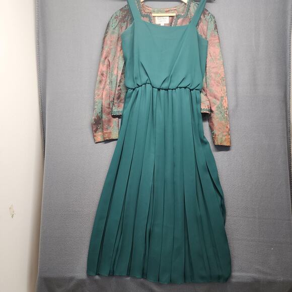 Womens Victorian Style Dress Jacket Set 10 Green Brown Brocade Pleated Oriental - Picture 7 of 16